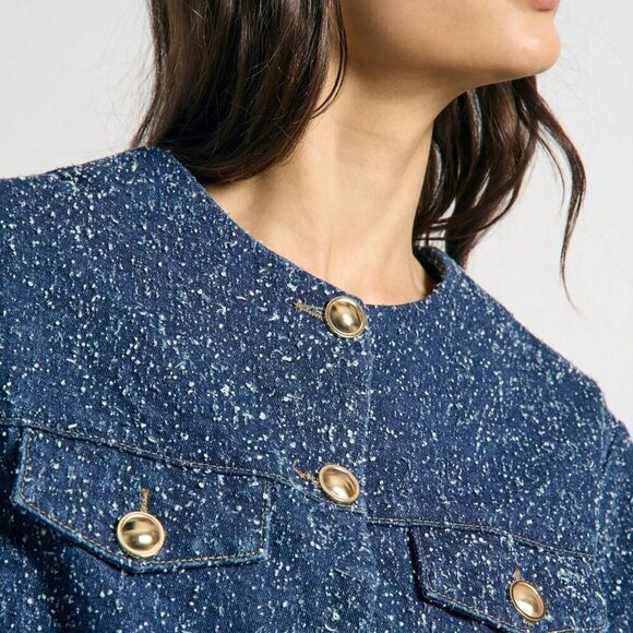 Blue Elegant Women's Collarless Button Front Long Sleeve Denim Jacket - Picture 3 of 4